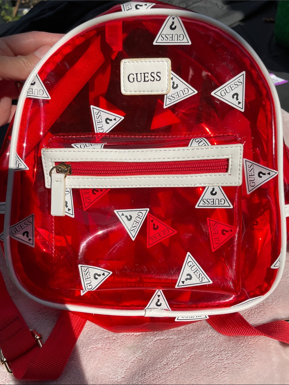 Vintage GUESS Clear Monogram Mini Backpack - Red & White (Y2K)